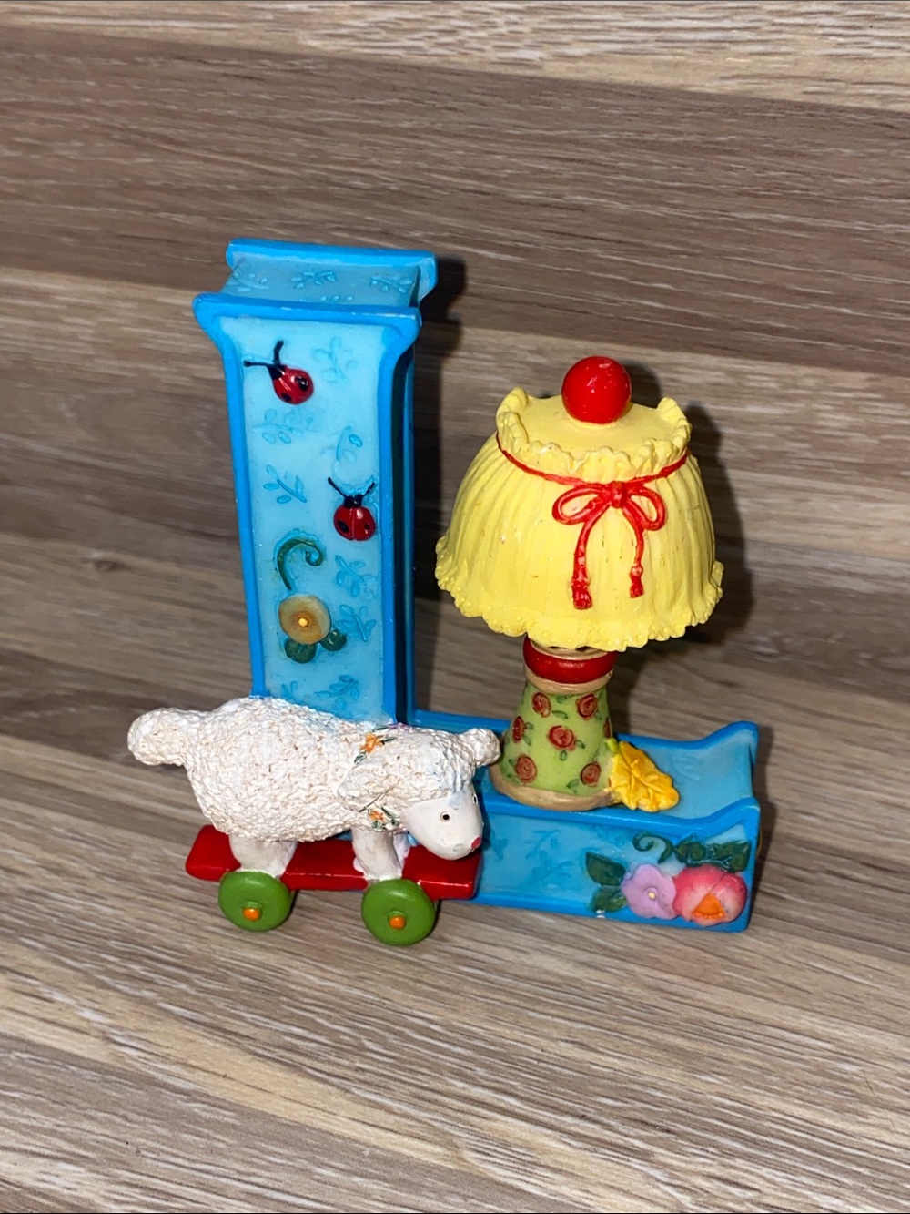 Mary Engelbreit Blue Lamb Figurine with Yellow, Red and Green Accents